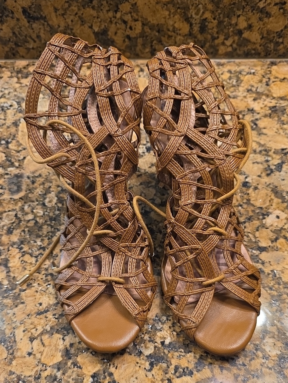 Vero Cuoio Brown Braided Lace-Up Open-Toe Heels